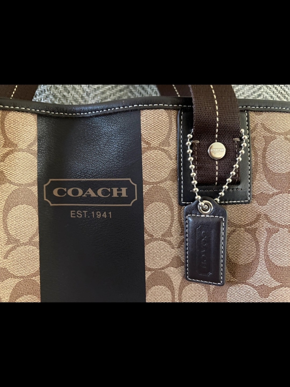 Coach Brown Signature Canvas Tote with Dark Brown Stripe - Picture 2 of 6